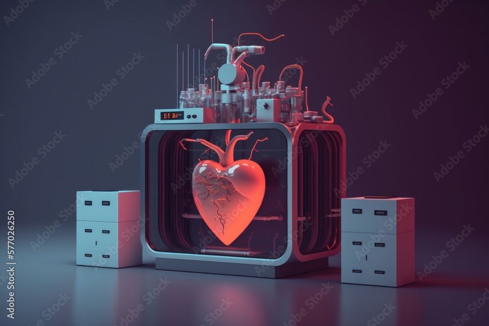Poster a heart in a machine with a red light on it's side and a white box with a red light on it octane ren