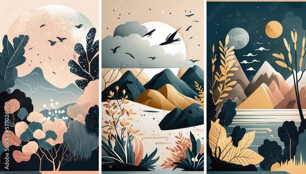 Poster three different landscape paintings with mountains and trees in the background and a full moon in th