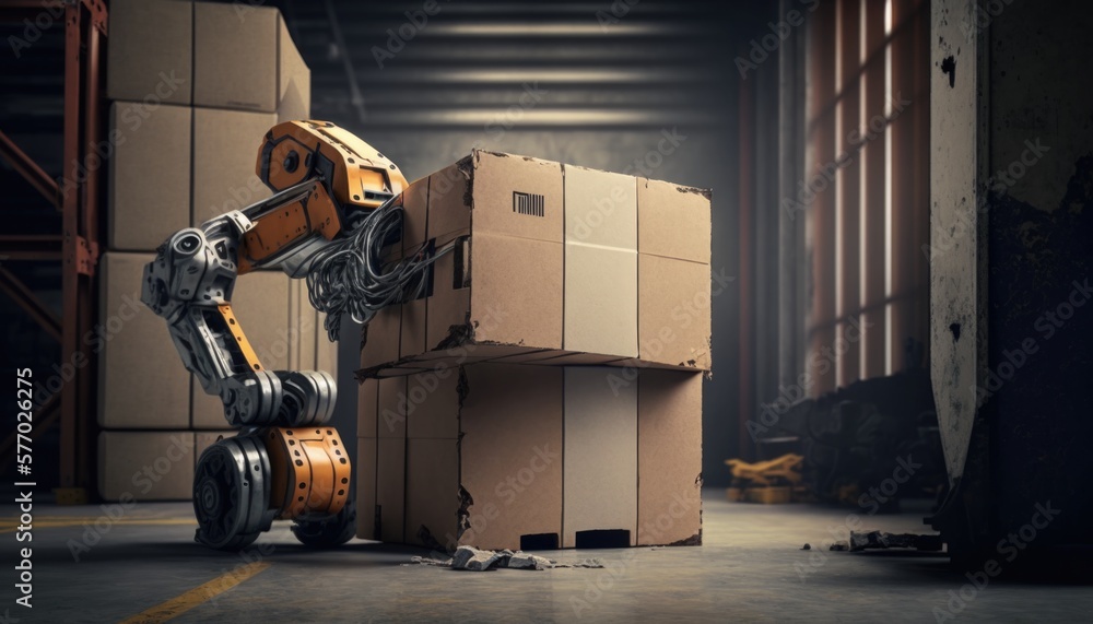 Poster a robot is moving around boxes in a warehouse with a window in the background and a door in the fore