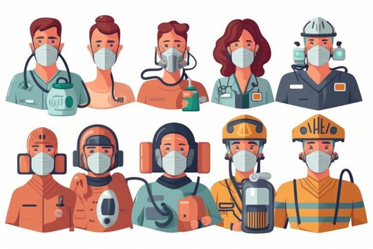 A group of people wearing masks and protective gear all wearing different types of masks editorial illustration artistic art neoplasticism