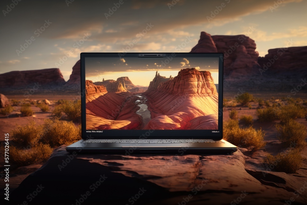 Poster a laptop computer sitting on top of a rock covered field with a desert landscape in the background p