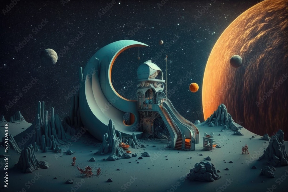 Poster a futuristic space station with a slide in the middle of it and planets in the background cinema 4 d