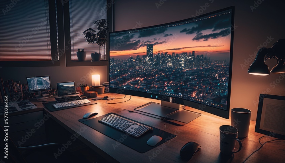 Poster a computer monitor sitting on top of a desk next to a keyboard and mouse on a desk affinity photo co