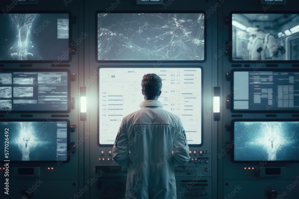 Poster a man standing in front of a wall of monitors with multiple screens on it and a man in a white lab c