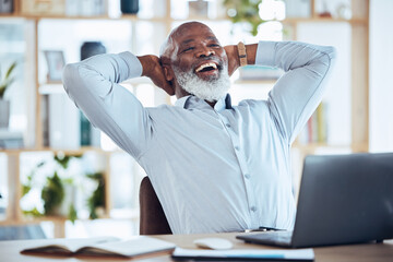 Happy black man stretching at desk for relax, online success and work life balance on office...
