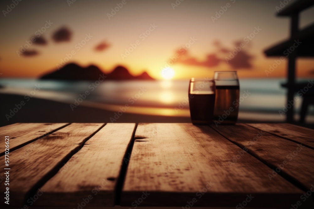 Poster a wooden table with two glasses of beer on it at sunset on the beach with a view of the ocean render