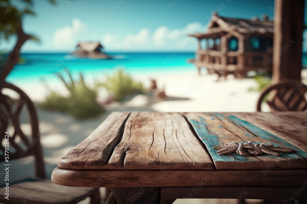 Poster a wooden table with a view of the ocean and a beach in the background with a house on the beach rend
