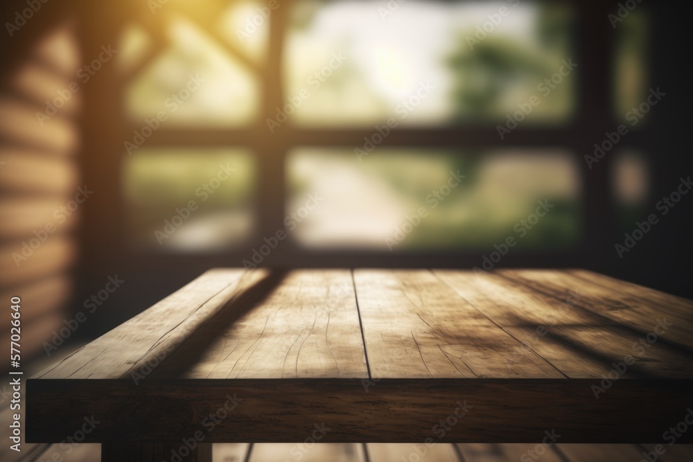 Poster a wooden table with a blurry background of a window and a tree outside of it rendered in unreal 5 a 