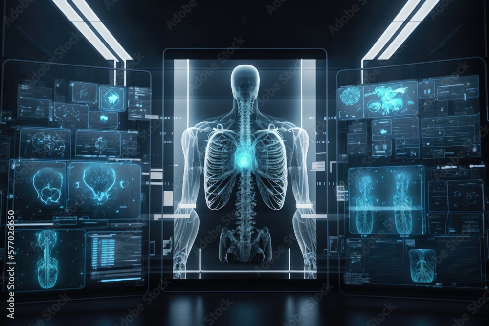 Poster a medical display with a skeleton and many medical images on it's walls and a glowing light biopunk 