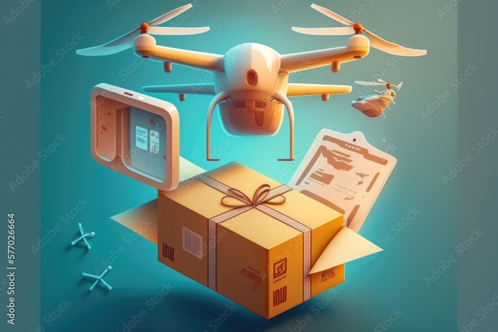 Aufkleber a box with a remote control flying over it and a small plane with a package editorial illustration a
