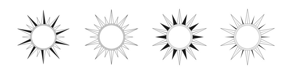 Abstract celestial sun vector illustration set. Bohemian mystic symbol bursting sun rays. Magic talisman, antique tribal style, boho, tattoo, art print, tarot