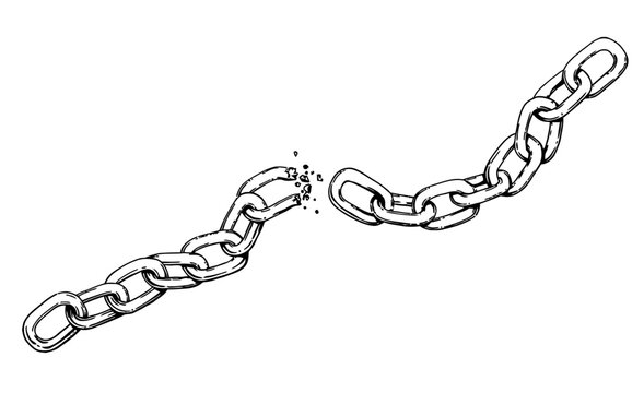 Hand drawn black and white Illustration of chain breaking