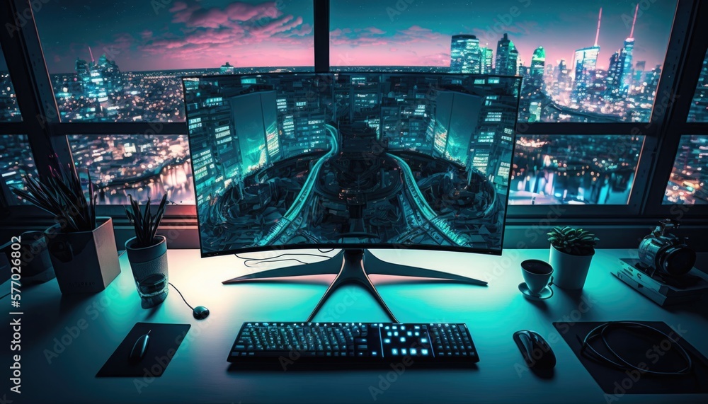 Poster a computer monitor sitting on top of a desk next to a keyboard and mouse on a desk cyberpunk style a