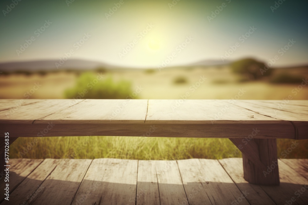 Poster a wooden table with a view of a field in the background with a sun shining depth of field a tilt shi