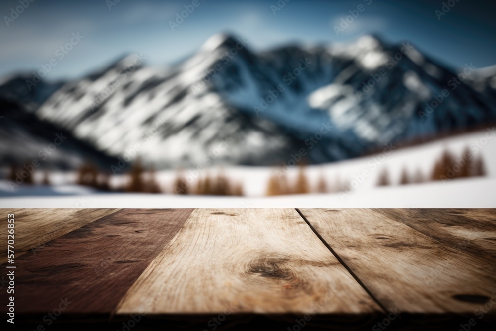 Poster a wooden table top with a mountain in the background with a blurry image of a snow covered mountain 