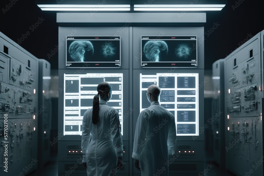 Poster two people standing in front of a large display of breast images in a dark room biopunk computer gra
