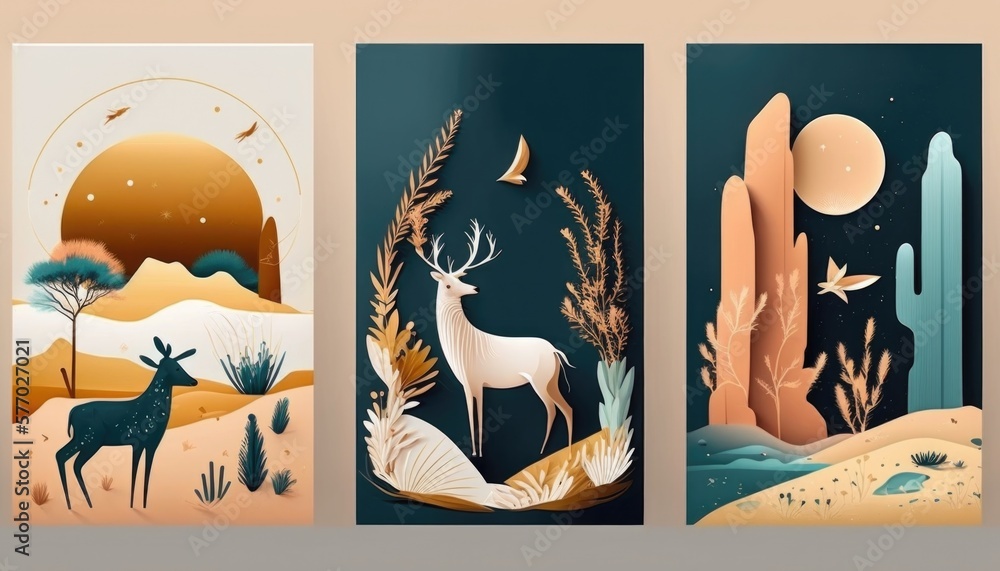 Aufkleber three different banners with deer and cactuses in the desert one of which is a desert colorful flat 