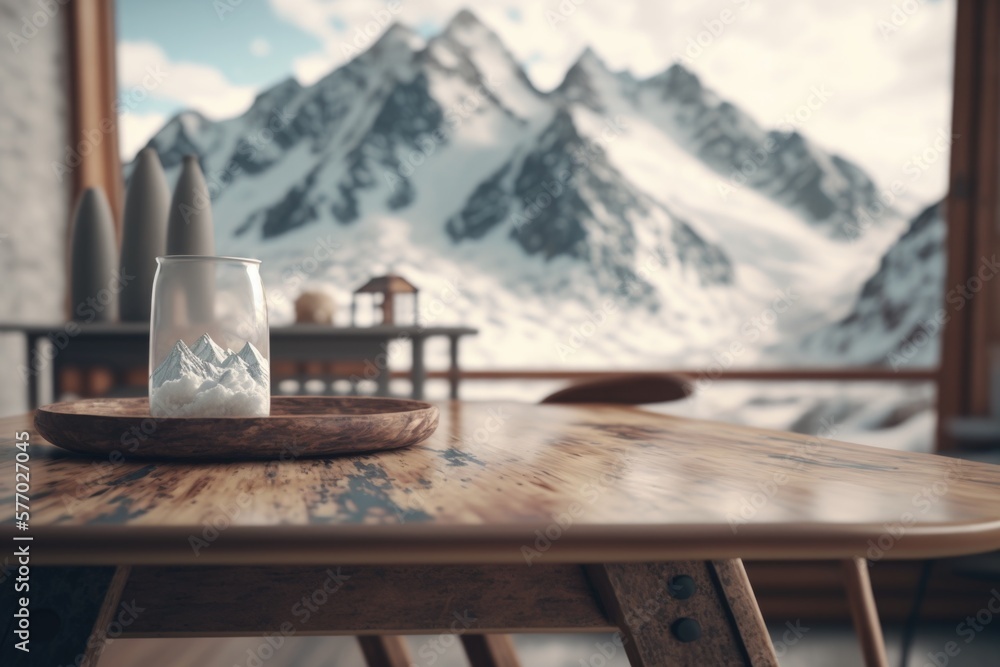 Poster a table with a glass and a plate on it in front of a mountain view 8 k render a 3d render photoreali