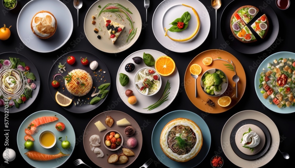 Poster a table topped with plates of food and drinks next to each other on plates with different toppings p