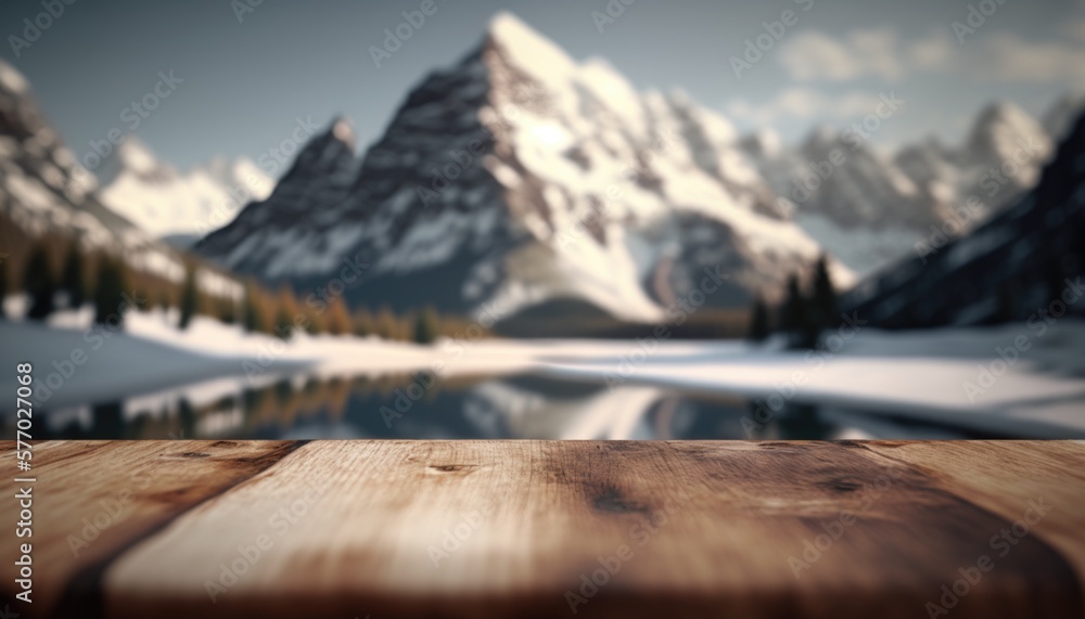 Poster a wooden table top with a mountain in the background with a lake in the foreground 8 k render a 3d r