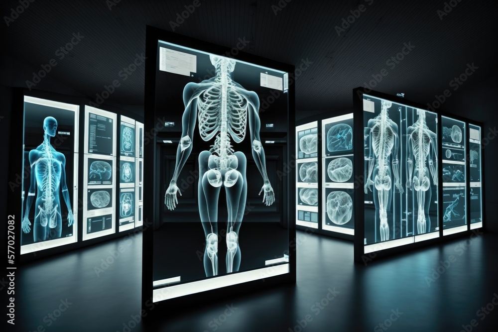 Poster a display case with a skeleton in it in a dark room with other medical equipment anatomical computer