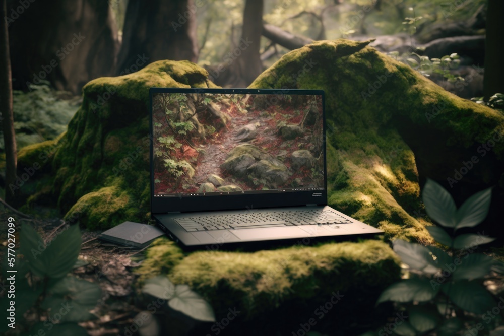 Poster a laptop computer sitting on a mossy rock in the woods with a forest background forest background a 