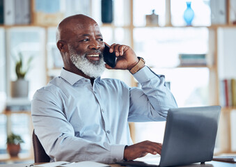 Talking black man, laptop or phone call in corporate networking, negotiation or client rapport on finance loan deal. Smile, happy or ceo businessman on mobile communication technology or conversation