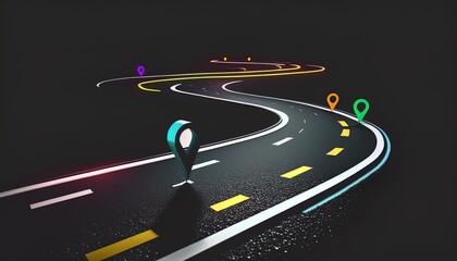 Neon color roadmap, street, dark background with goals created with generative ai technology