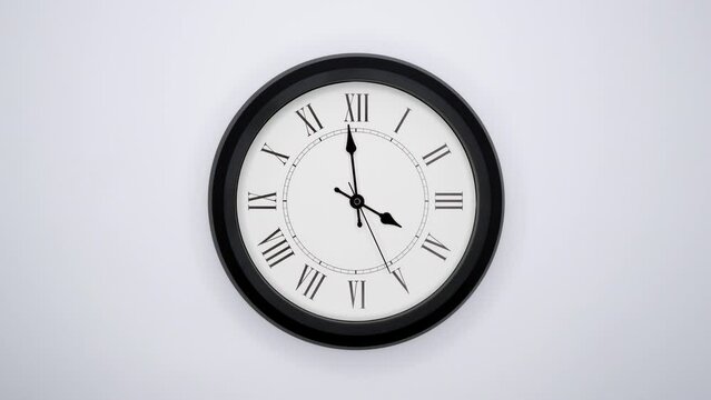 The Time On The Clock Four. White Wall Clock With Black Rim And Black Hands. Timelapse. 4k, ProRes
