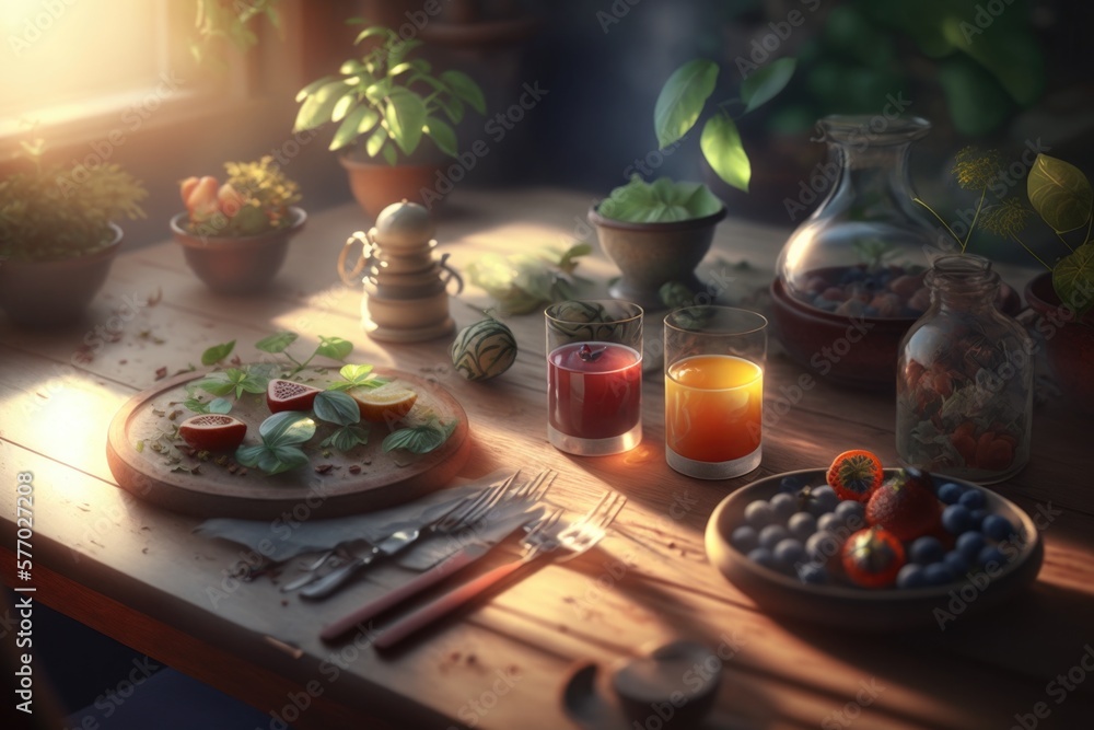 Poster a table with a plate of food and a candle on it with a window in the background cgstudio a 3d render
