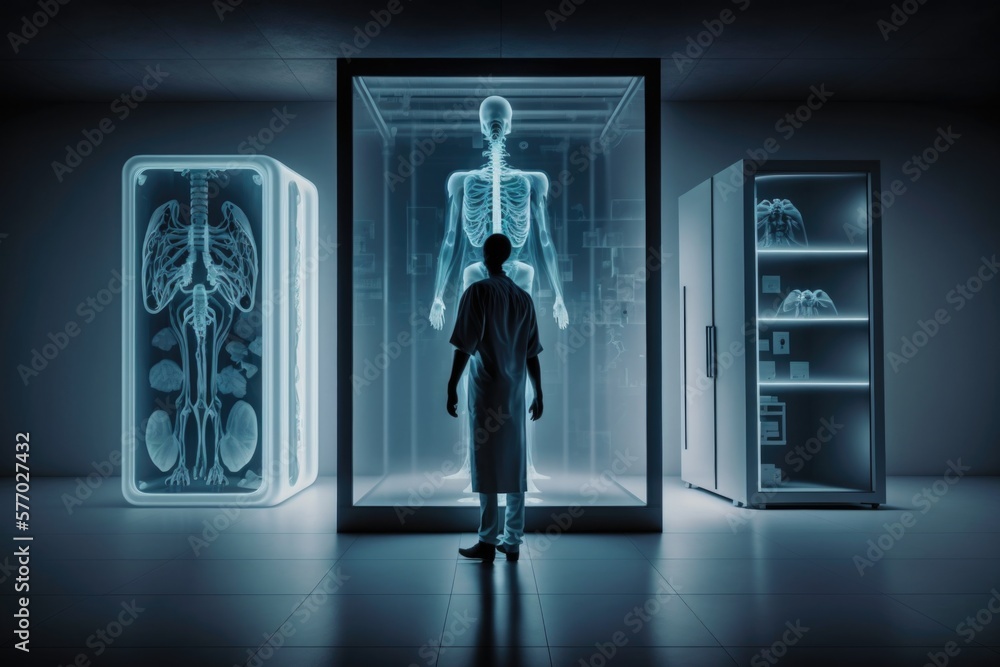 Poster a man standing in front of a refrigerator with a skeleton in it's display anatomical a hologram neop