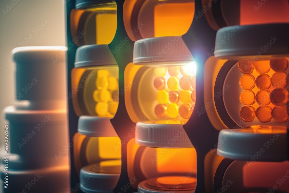 Poster a group of jars with lights inside of them on a shelf next to a wall octane renderer a 3d render neo