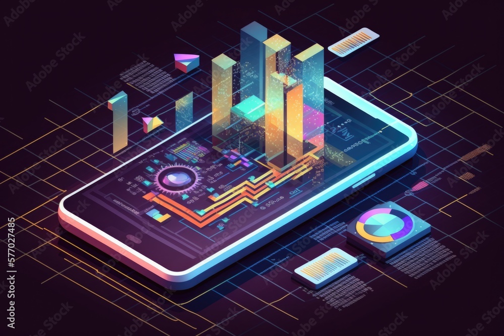 Poster a smartphone with a graphic of a bar chart on it and a pie chart on the screen extreme illustration 