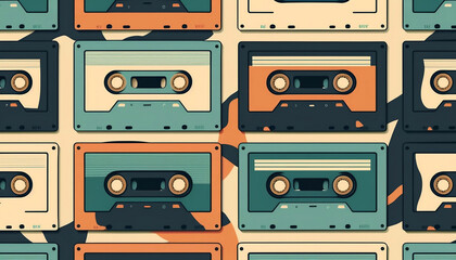 Audio cassette tape pattern wallpaper. Created with generative AI technology.