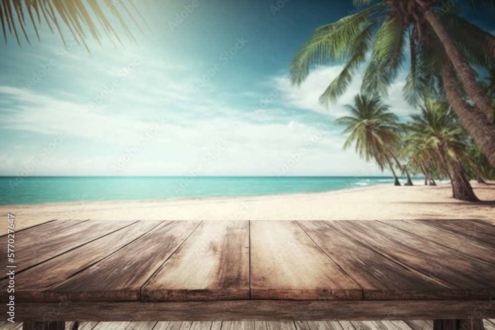 Poster a wooden table with a view of the beach and palm trees in the background photo beach a detailed matt