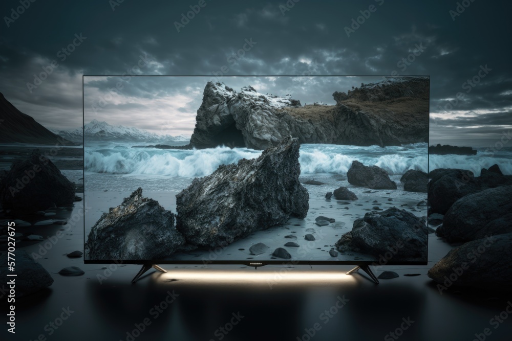 Poster a large television screen with a picture of a rock formation on it's screen uhd 8 k a computer rende