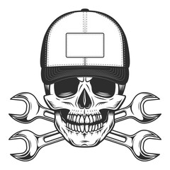 Trucker skull in baseball cap and crossed spanner wrenches from rapair truck vintage monochrome isolated vector illustration