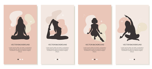 Set of girls in different yoga poses in silhouette. Vertical templates for social media. Vector