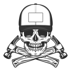 Skull in baseball cap with construction business carpenter hammer in vintage monochrome style isolated vector illustration