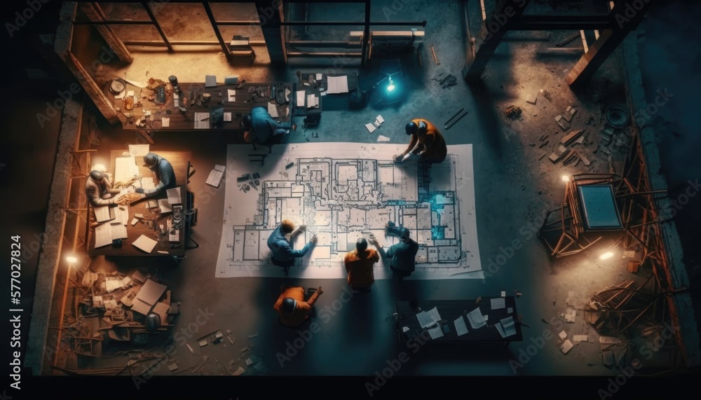 Poster a group of people standing around a table with a blueprint on it in a room vfx a computer rendering 