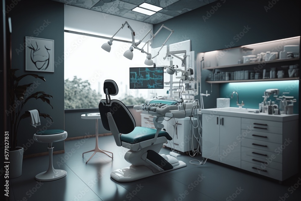 Poster a dentist chair in a room with a window and a sink in it and a window in the background unreal 5 hig
