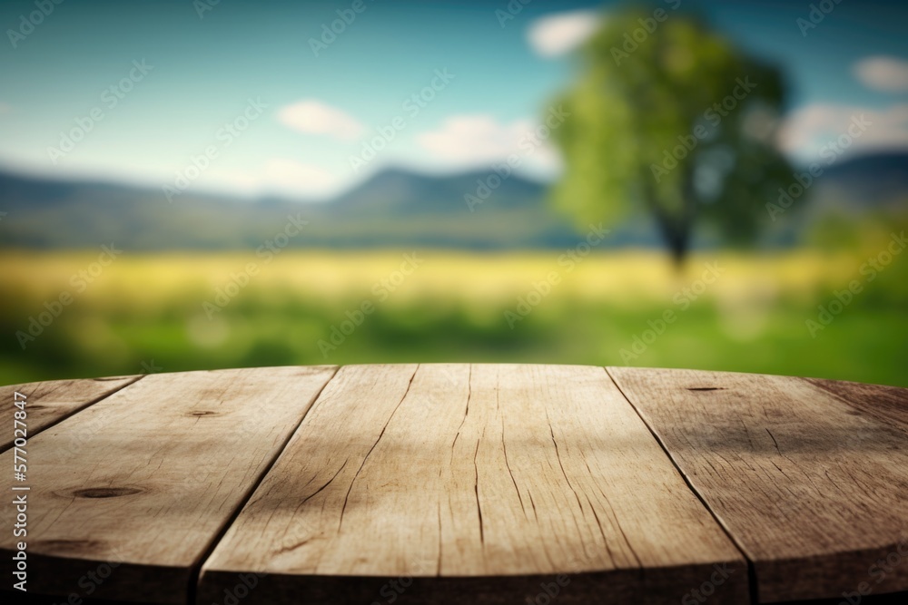 Poster a wooden table with a blurry background of a tree and a field in the background rendered in unreal 5