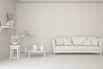 Grey interior desigh concept with furniture. 3D illustration