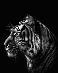 Generated photorealistic profile portrait of a tiger in black and white