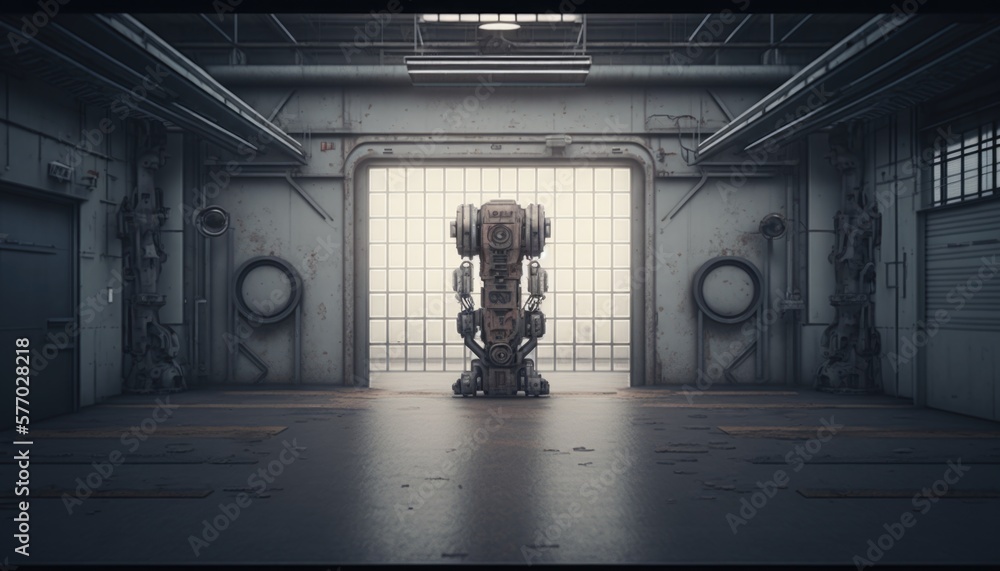 Poster a large robot standing in a room with a door open to another room with a door octane renderer an amb