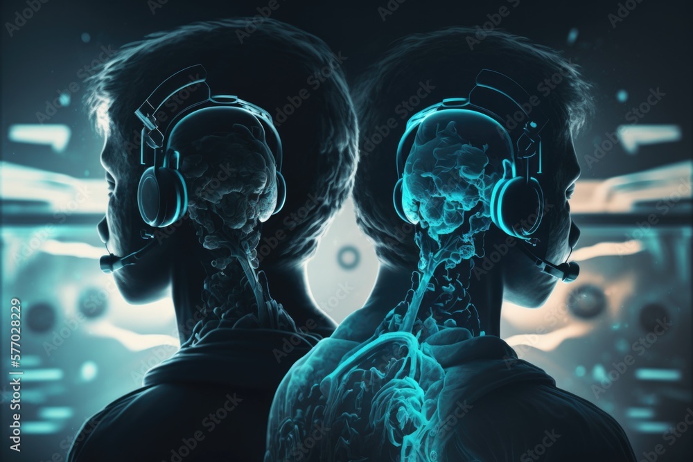 Poster Two people with headphones on looking at a computer screen with a skeleton in the background biopunk computer graphics afrofuturism