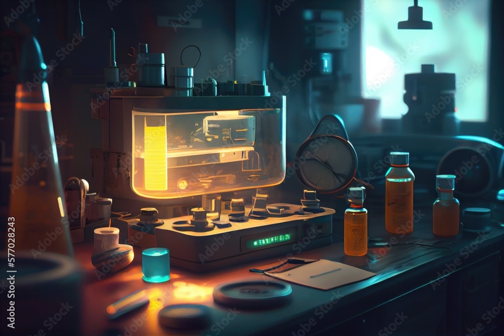 Poster a table with a clock and some bottles on it and a lamp on top of it cgstudio an ultrafine detailed p