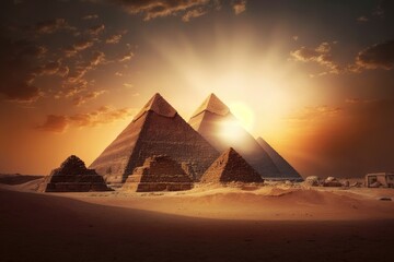 A beautiful evening view of the Giza pyramids at sunset. Egypt. Generative AI