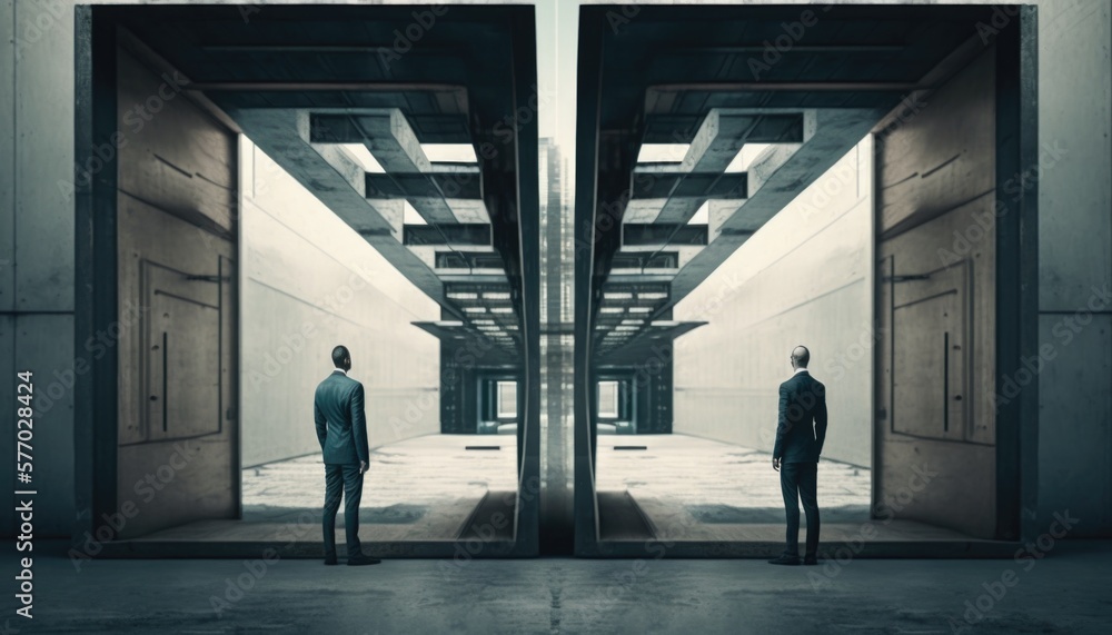 Poster two men standing in a doorway of a building with a staircase leading to another building dystopian a