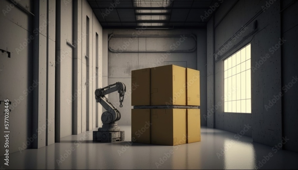 Poster a robot is standing next to a box in a warehouse with a window open and a light shining on it octane